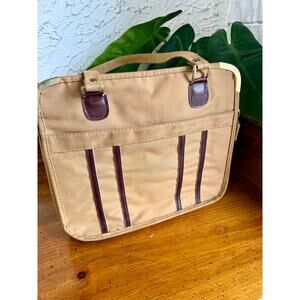 Vintage 1970s Canvas Shoulder Bag Tan Leather Trim Brass Corner Tote